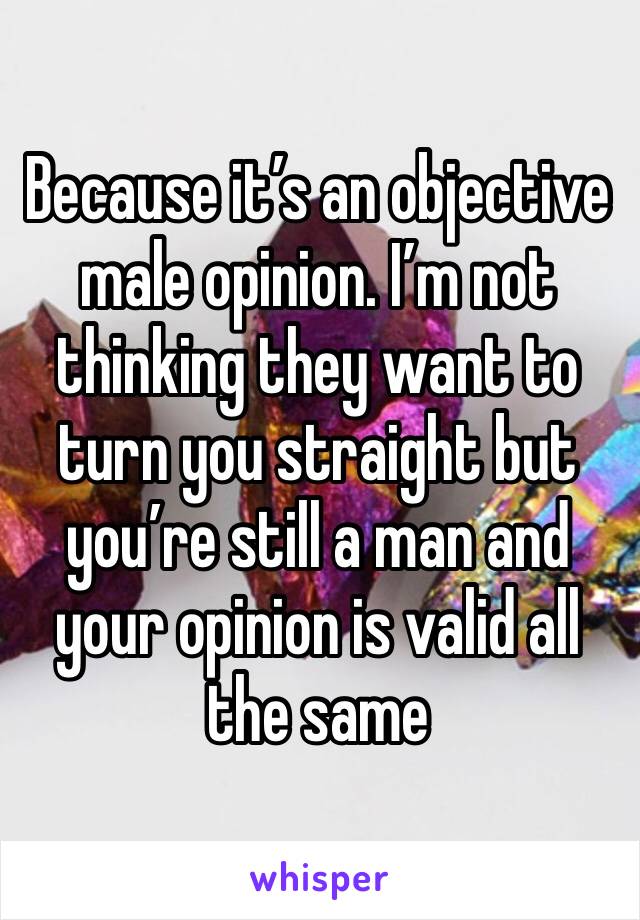 Because it’s an objective male opinion. I’m not thinking they want to turn you straight but you’re still a man and your opinion is valid all the same 