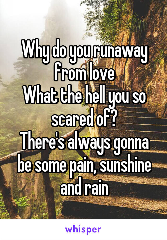 Why do you runaway from love
What the hell you so scared of?
There's always gonna be some pain, sunshine and rain