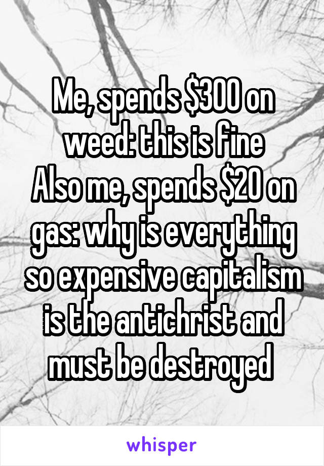 Me, spends $300 on weed: this is fine
Also me, spends $20 on gas: why is everything so expensive capitalism is the antichrist and must be destroyed 