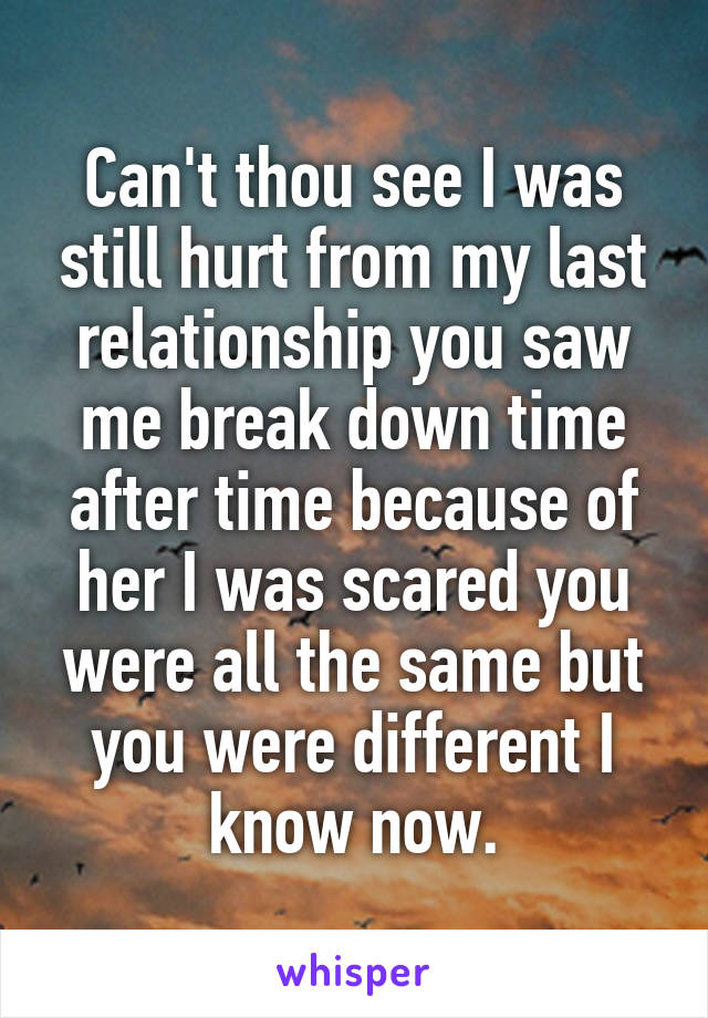 Can't thou see I was still hurt from my last relationship you saw me break down time after time because of her I was scared you were all the same but you were different I know now.