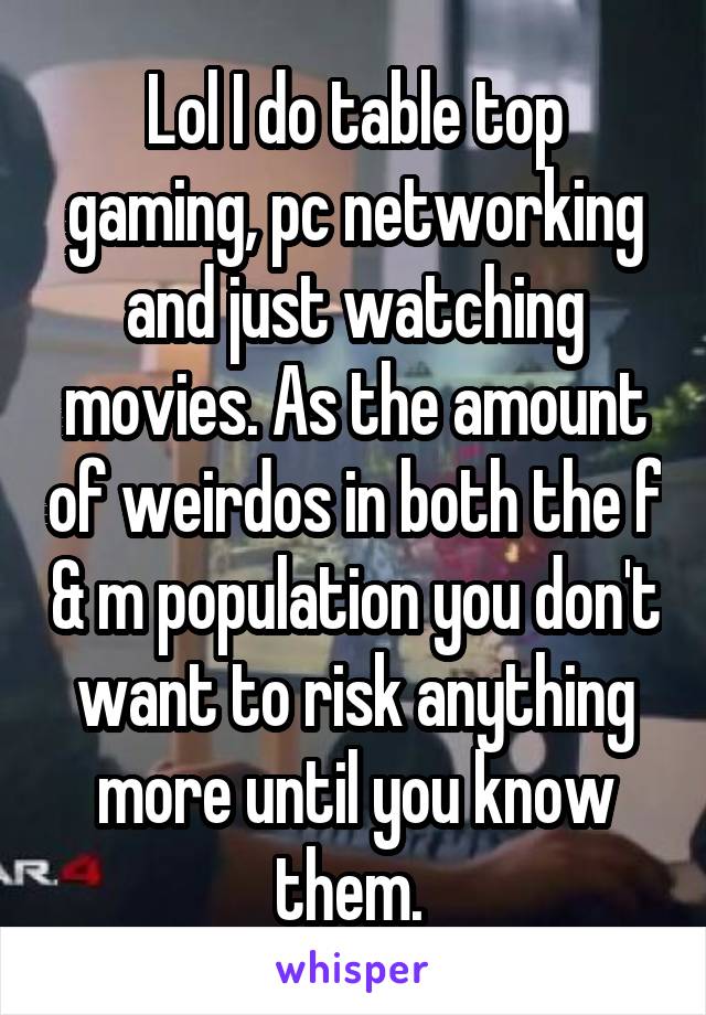 Lol I do table top gaming, pc networking and just watching movies. As the amount of weirdos in both the f & m population you don't want to risk anything more until you know them. 