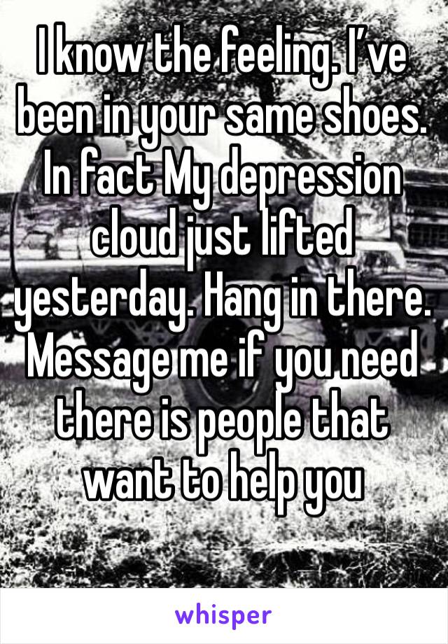 I know the feeling. I’ve been in your same shoes. In fact My depression cloud just lifted yesterday. Hang in there. Message me if you need there is people that want to help you