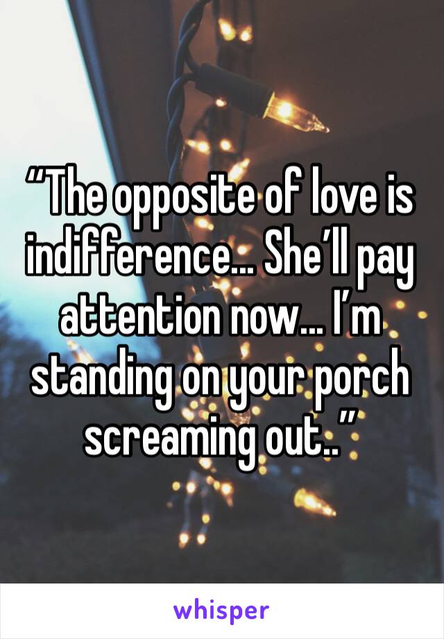 “The opposite of love is indifference... She’ll pay attention now... I’m standing on your porch screaming out..”