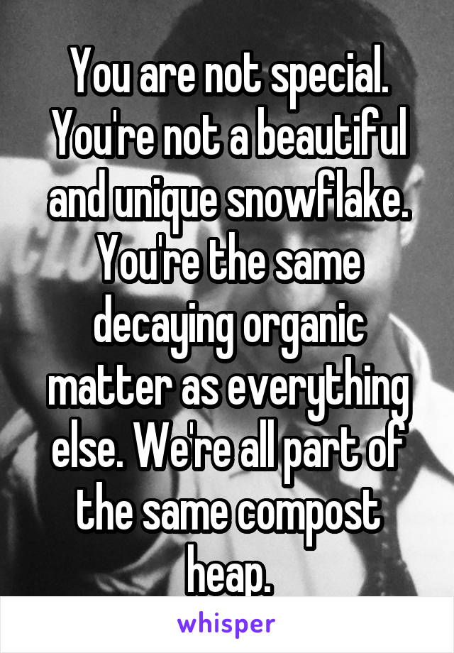 You are not special. You're not a beautiful and unique snowflake. You're the same decaying organic matter as everything else. We're all part of the same compost heap.