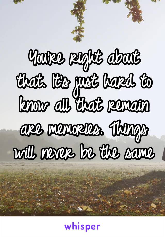 You're right about that. It's just hard to know all that remain are memories. Things will never be the same 