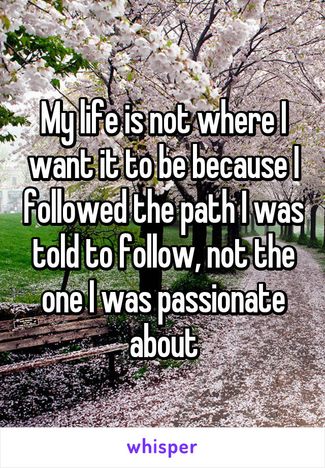 My life is not where I want it to be because I followed the path I was told to follow, not the one I was passionate about