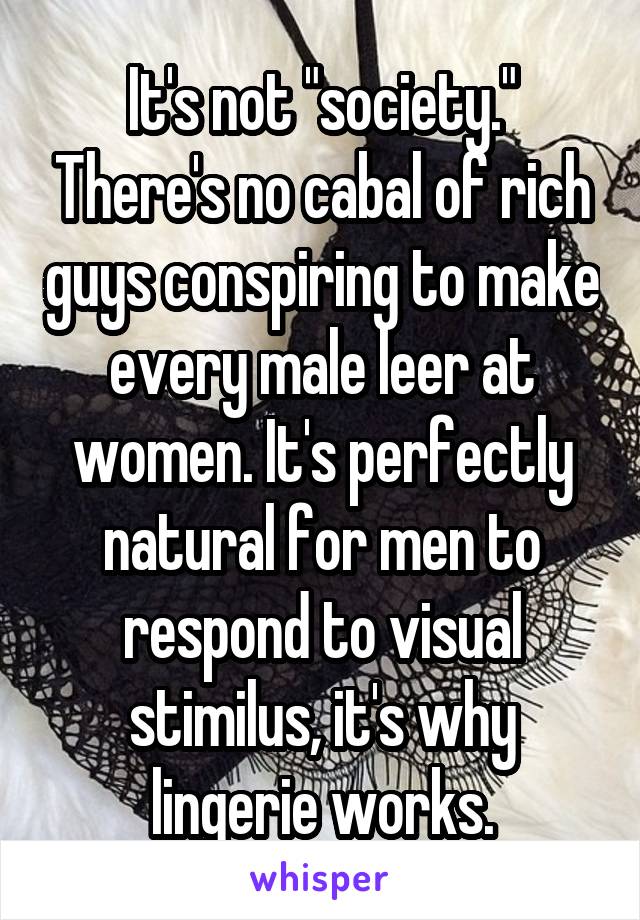 It's not "society." There's no cabal of rich guys conspiring to make every male leer at women. It's perfectly natural for men to respond to visual stimilus, it's why lingerie works.