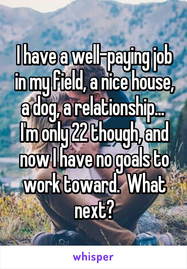 I have a well-paying job in my field, a nice house, a dog, a relationship...  I'm only 22 though, and now I have no goals to work toward.  What next?