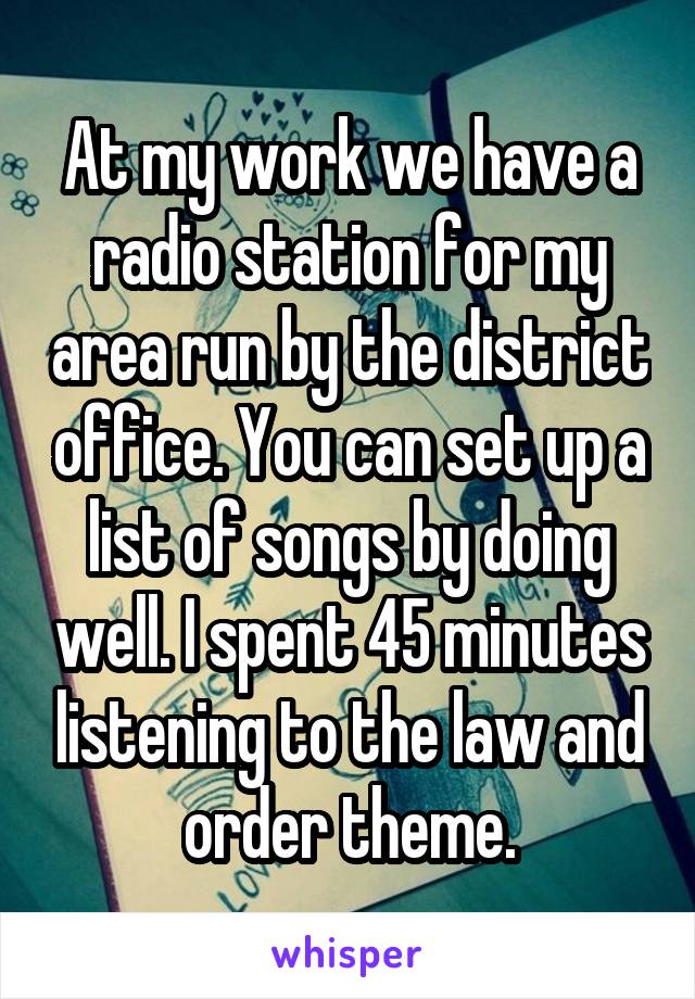 At my work we have a radio station for my area run by the district office. You can set up a list of songs by doing well. I spent 45 minutes listening to the law and order theme.