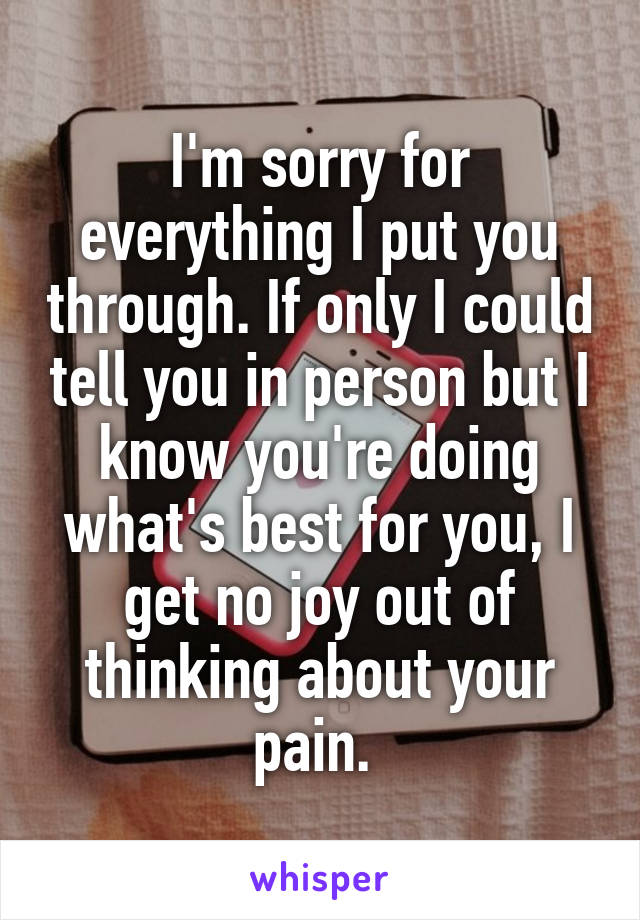 I'm sorry for everything I put you through. If only I could tell you in person but I know you're doing what's best for you, I get no joy out of thinking about your pain. 