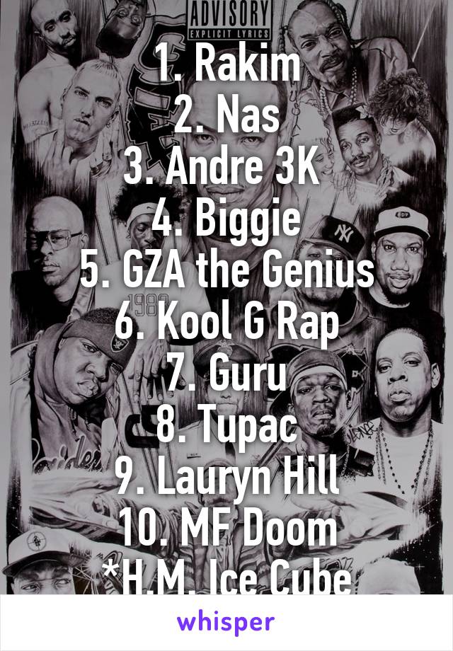 1. Rakim
2. Nas
3. Andre 3K 
4. Biggie
5. GZA the Genius
6. Kool G Rap
7. Guru
8. Tupac
9. Lauryn Hill
10. MF Doom
*H.M. Ice Cube