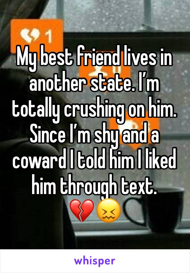 My best friend lives in another state. I’m totally crushing on him. Since I’m shy and a coward I told him I liked him through text.
💔😖