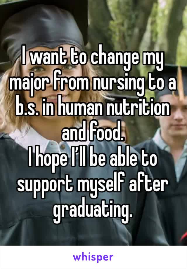 I want to change my major from nursing to a b.s. in human nutrition and food.
I hope I’ll be able to support myself after graduating.