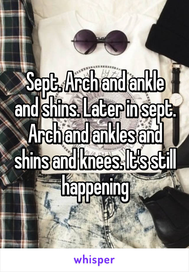 Sept. Arch and ankle and shins. Later in sept. Arch and ankles and shins and knees. It's still happening