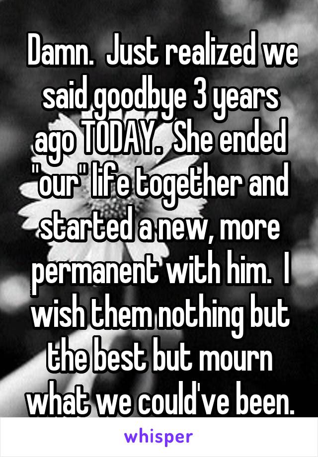  Damn.  Just realized we said goodbye 3 years ago TODAY.  She ended "our" life together and started a new, more permanent with him.  I wish them nothing but the best but mourn what we could've been.