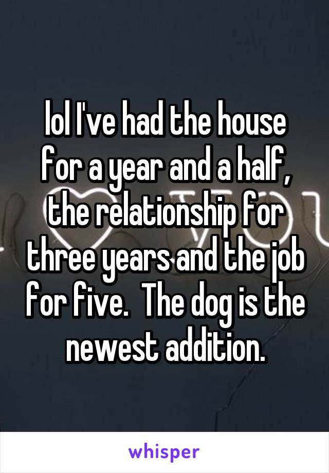 lol I've had the house for a year and a half, the relationship for three years and the job for five.  The dog is the newest addition.