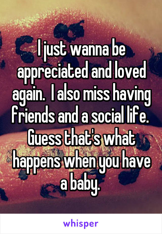I just wanna be appreciated and loved again.  I also miss having friends and a social life.  Guess that's what happens when you have a baby. 