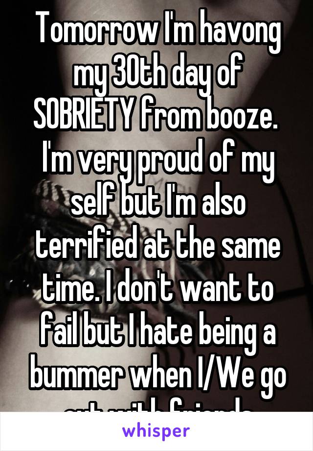 Tomorrow I'm havong my 30th day of SOBRIETY from booze. 
I'm very proud of my self but I'm also terrified at the same time. I don't want to fail but I hate being a bummer when I/We go out with friends
