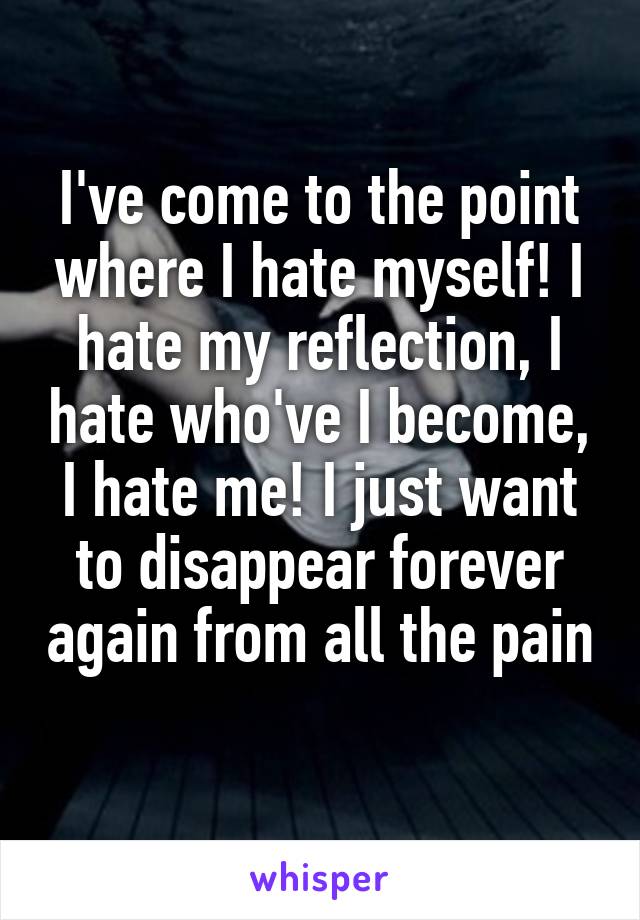 I've come to the point where I hate myself! I hate my reflection, I hate who've I become, I hate me! I just want to disappear forever again from all the pain 