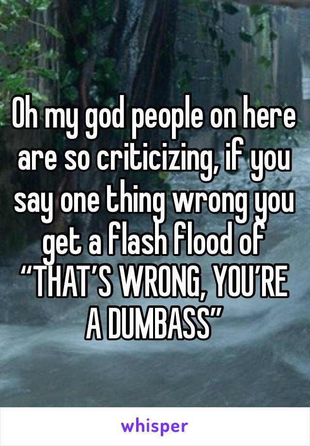 Oh my god people on here are so criticizing, if you say one thing wrong you get a flash flood of “THAT’S WRONG, YOU’RE A DUMBASS”