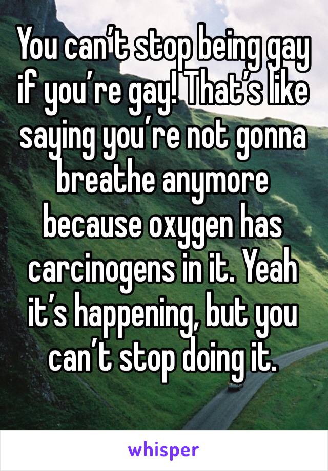 You can’t stop being gay if you’re gay! That’s like saying you’re not gonna breathe anymore because oxygen has carcinogens in it. Yeah it’s happening, but you can’t stop doing it. 