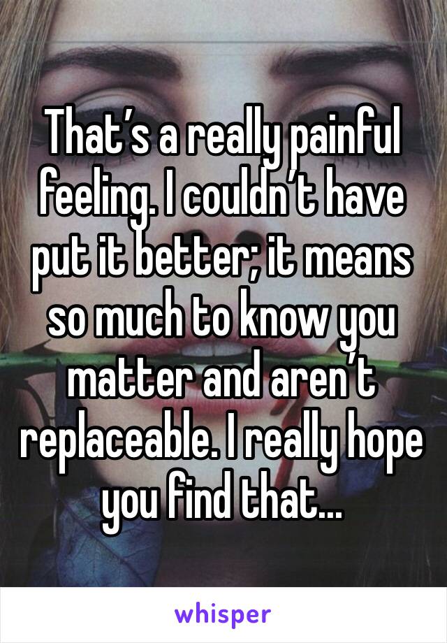 That’s a really painful feeling. I couldn’t have put it better; it means so much to know you matter and aren’t replaceable. I really hope you find that...