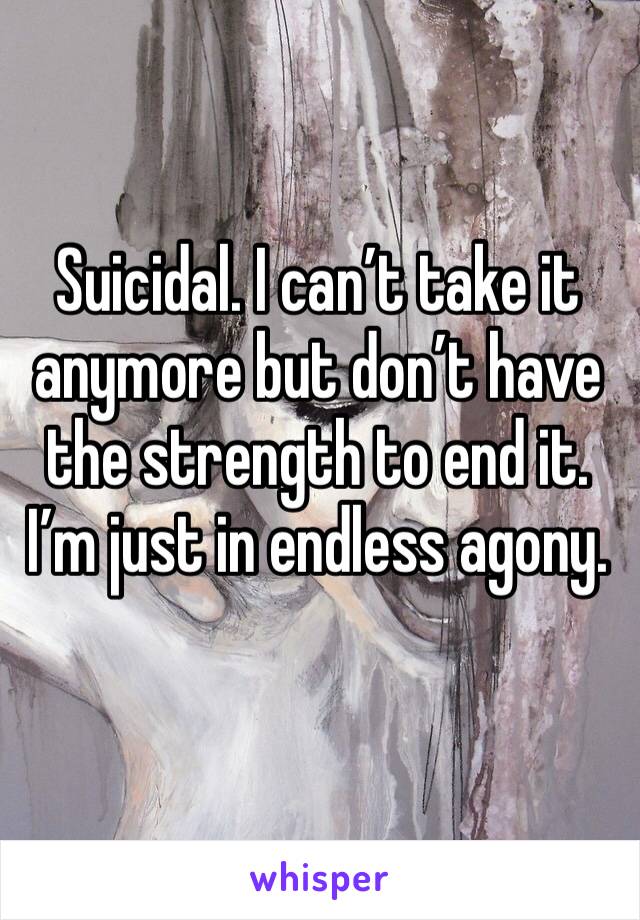 Suicidal. I can’t take it anymore but don’t have the strength to end it. I’m just in endless agony. 