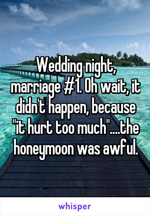 Wedding night, marriage #1. Oh wait, it didn't happen, because "it hurt too much"....the honeymoon was awful.