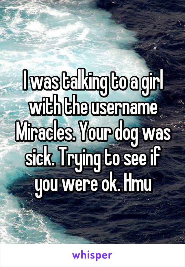 I was talking to a girl with the username Miracles. Your dog was sick. Trying to see if you were ok. Hmu