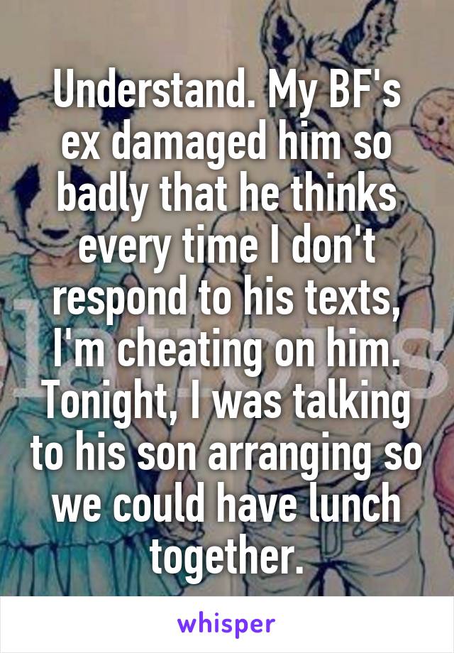 Understand. My BF's ex damaged him so badly that he thinks every time I don't respond to his texts, I'm cheating on him.
Tonight, I was talking to his son arranging so we could have lunch together.