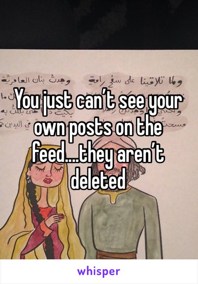 You just can’t see your own posts on the feed....they aren’t deleted