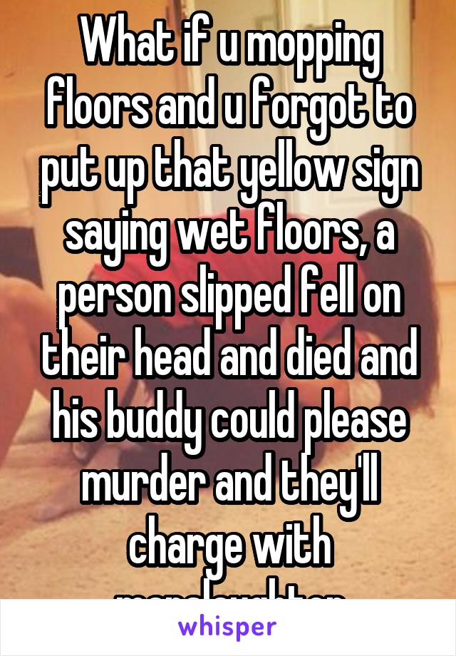 What if u mopping floors and u forgot to put up that yellow sign saying wet floors, a person slipped fell on their head and died and his buddy could please murder and they'll charge with manslaughter