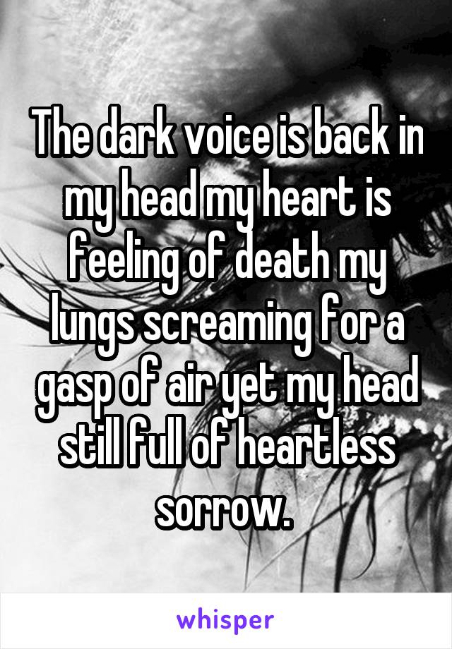 The dark voice is back in my head my heart is feeling of death my lungs screaming for a gasp of air yet my head still full of heartless sorrow. 