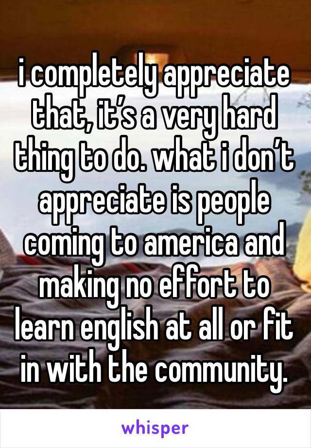 i completely appreciate that, it’s a very hard thing to do. what i don’t appreciate is people coming to america and making no effort to learn english at all or fit in with the community.