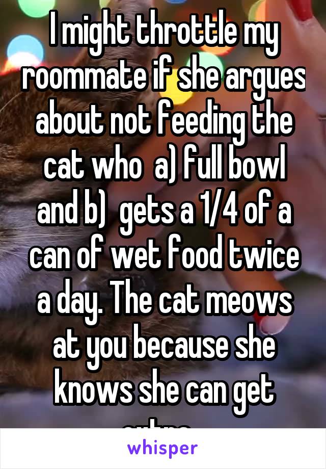 I might throttle my roommate if she argues about not feeding the cat who  a) full bowl and b)  gets a 1/4 of a can of wet food twice a day. The cat meows at you because she knows she can get extra...