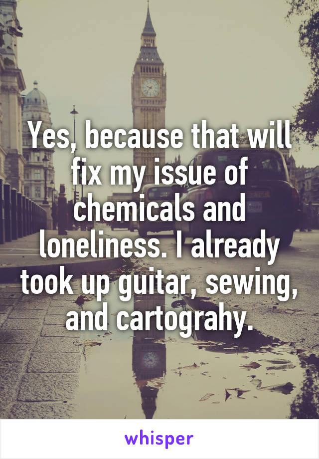 Yes, because that will fix my issue of chemicals and loneliness. I already took up guitar, sewing, and cartograhy.