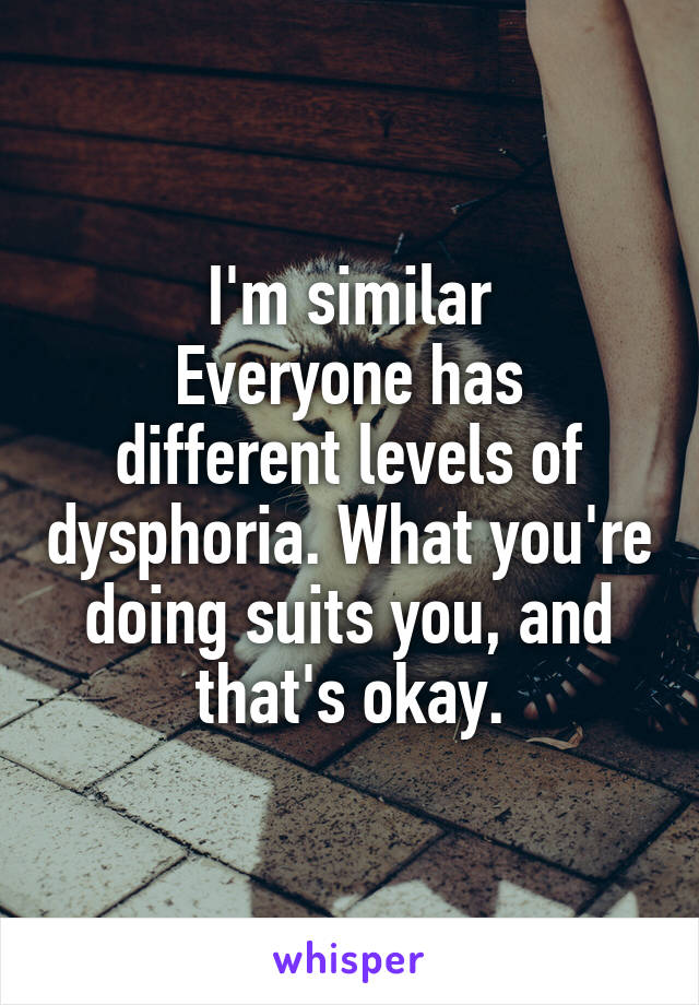 I'm similar
Everyone has different levels of dysphoria. What you're doing suits you, and that's okay.