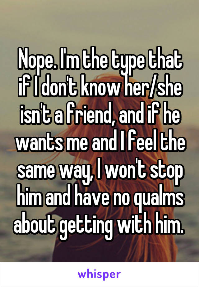 Nope. I'm the type that if I don't know her/she isn't a friend, and if he wants me and I feel the same way, I won't stop him and have no qualms about getting with him. 