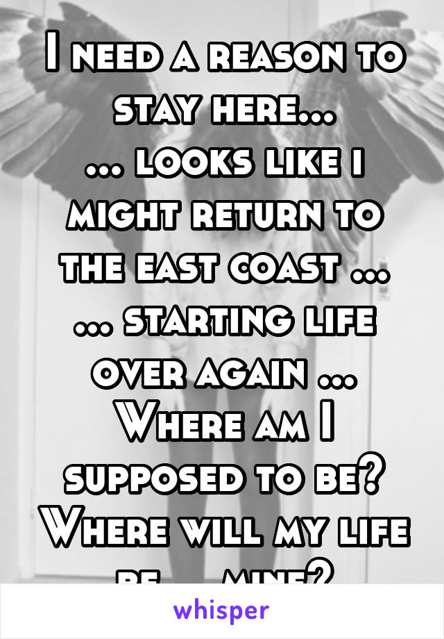 I need a reason to stay here...
... looks like i might return to the east coast ...
... starting life over again ...
Where am I supposed to be? Where will my life be.... mine?