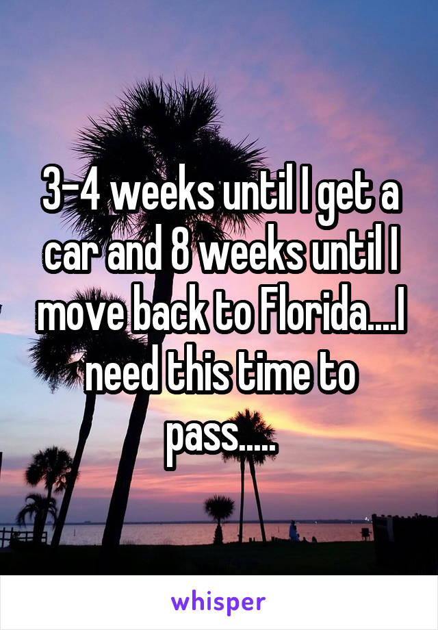 3-4 weeks until I get a car and 8 weeks until I move back to Florida....I need this time to pass.....