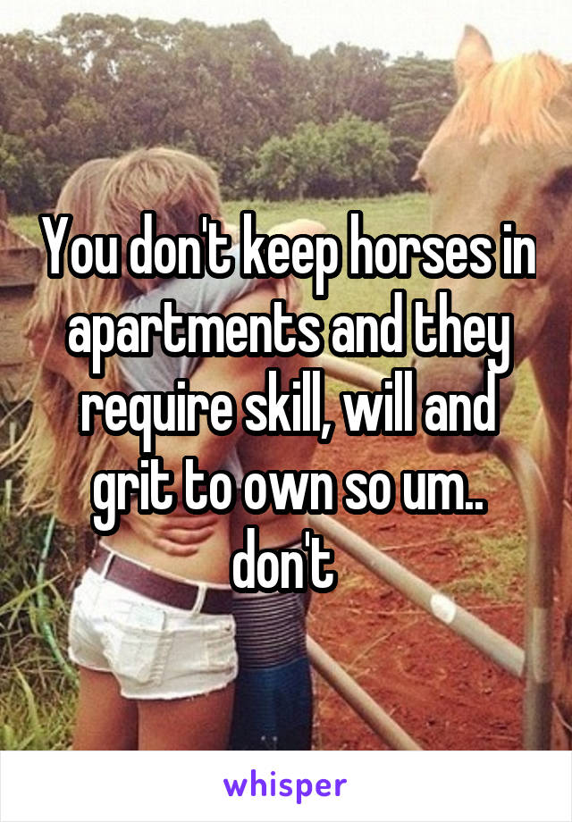 You don't keep horses in apartments and they require skill, will and grit to own so um.. don't 