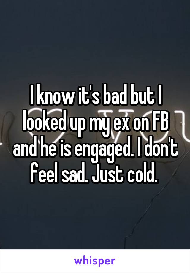 I know it's bad but I looked up my ex on FB and he is engaged. I don't feel sad. Just cold. 