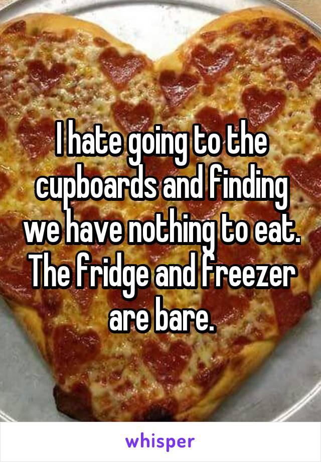 I hate going to the cupboards and finding we have nothing to eat. The fridge and freezer are bare.