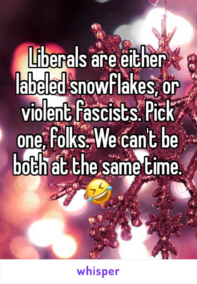 Liberals are either labeled snowflakes, or violent fascists. Pick one, folks. We can't be both at the same time. 
🤣