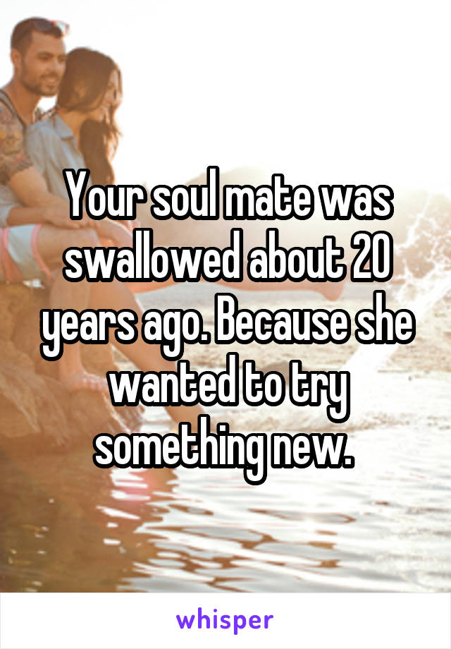 Your soul mate was swallowed about 20 years ago. Because she wanted to try something new. 