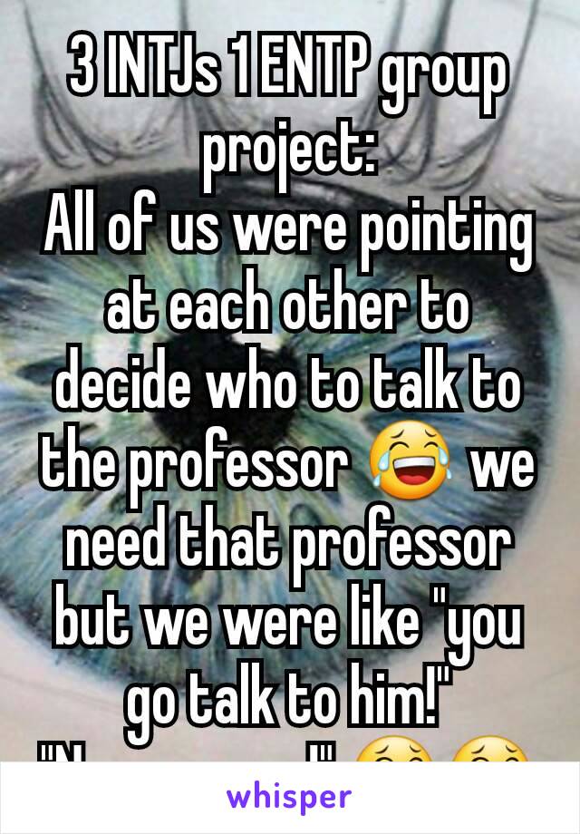 3 INTJs 1 ENTP group project:
All of us were pointing at each other to decide who to talk to the professor 😂 we need that professor but we were like "you go talk to him!"
"Nooo, youuu!" 😂😂