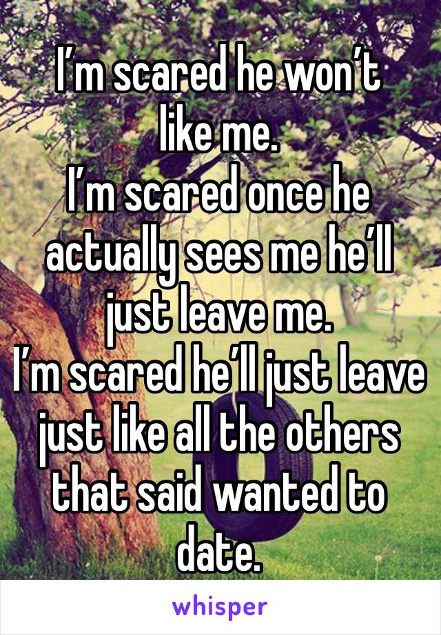 I’m scared he won’t like me. 
I’m scared once he actually sees me he’ll just leave me. 
I’m scared he’ll just leave just like all the others that said wanted to date. 