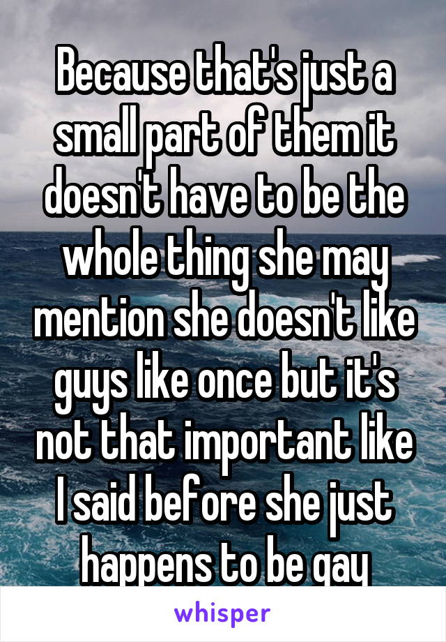 Because that's just a small part of them it doesn't have to be the whole thing she may mention she doesn't like guys like once but it's not that important like I said before she just happens to be gay