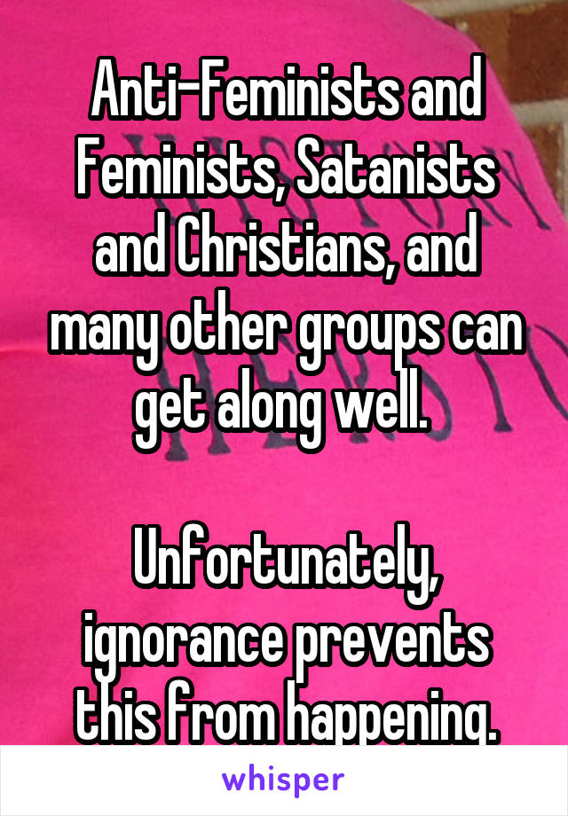 Anti-Feminists and Feminists, Satanists and Christians, and many other groups can get along well. 

Unfortunately, ignorance prevents this from happening.