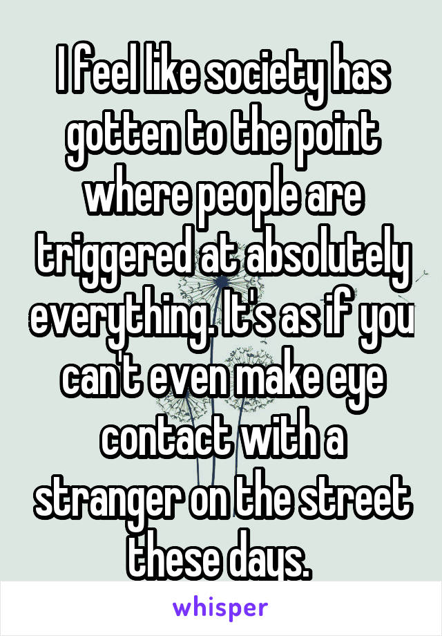 I feel like society has gotten to the point where people are triggered at absolutely everything. It's as if you can't even make eye contact with a stranger on the street these days. 